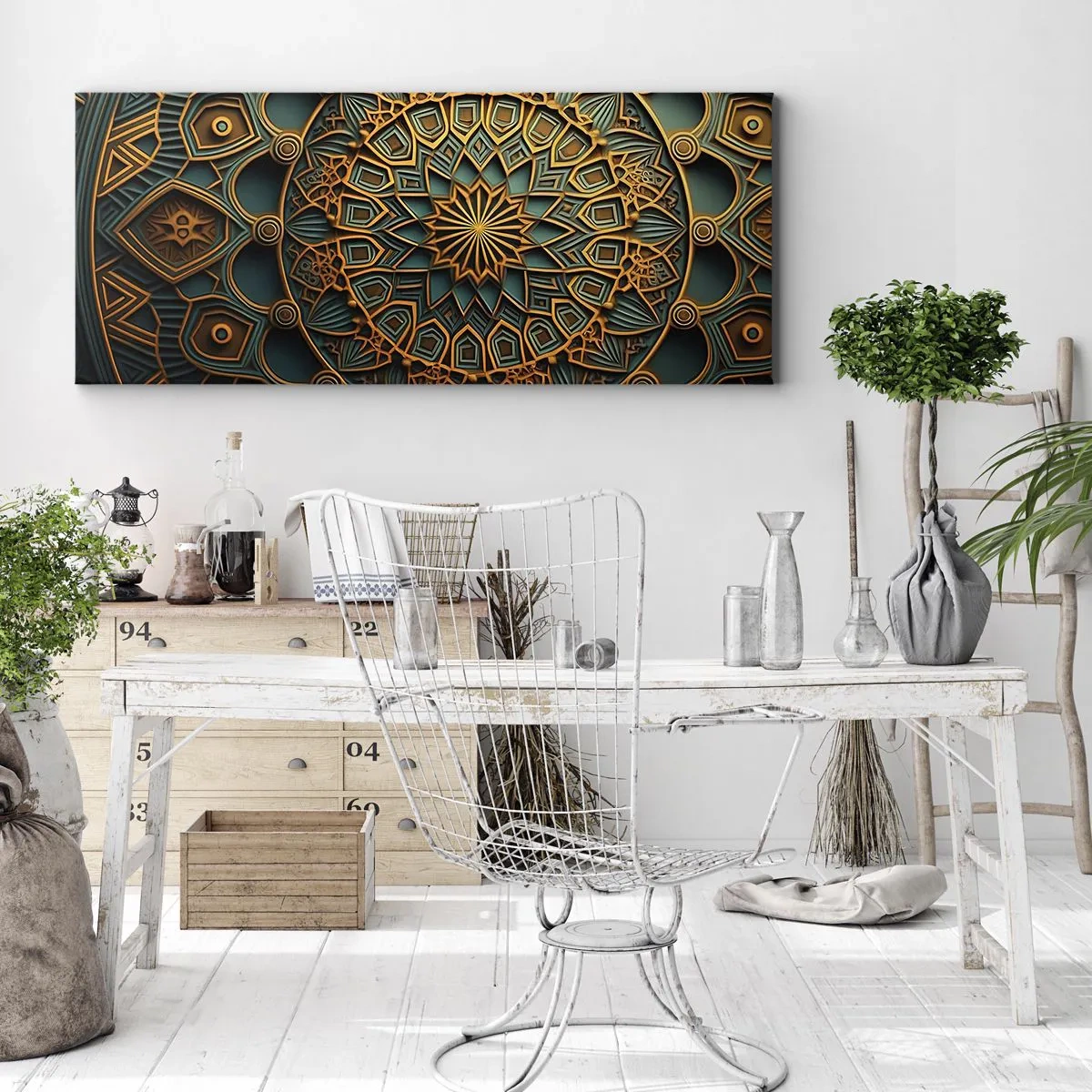 Impression sur toile - Image sur toile - Un mandala doré sur fond turquoise avec des détails riches. - 120x50cm - Dans une ambiance arabe - Décoration murale moderne pour le salon et la chambre ARTTOR