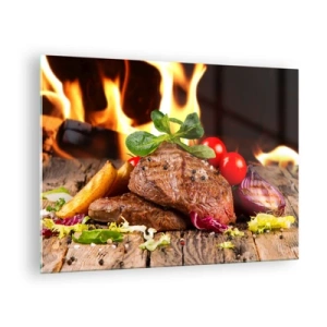 Impression sur verre - Image sur verre - Steak grillé avec légumes sur fond de flammes - 70x50cm - Ensorcelé par la braise - Décoration murale moderne pour le salon et la chambre ARTTOR