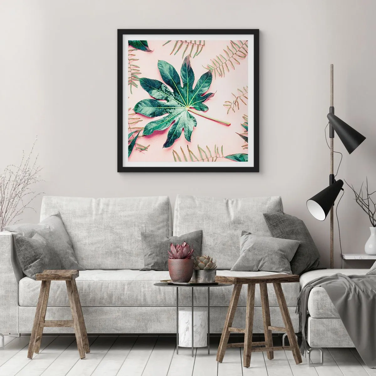 Affiche dans un cadre noir - Poster - Étude de verdure sur fond rose - 50x50 cm
