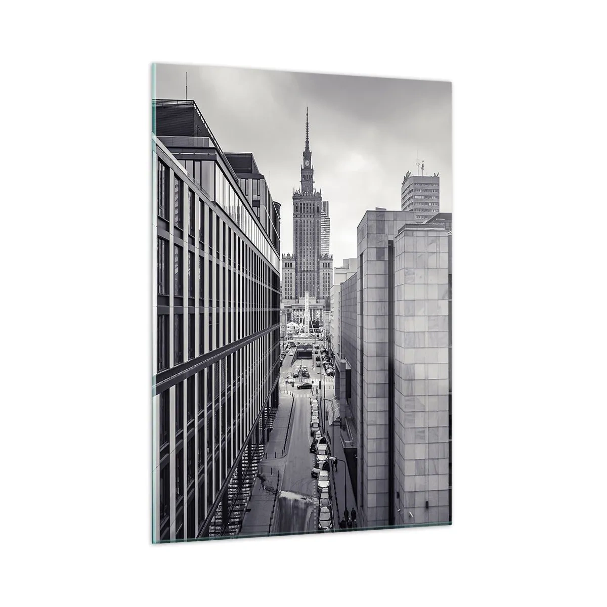 Impression sur verre - Image sur verre - Vue de la ville en noir et blanc avec des gratte-ciel et une rue - 50x70cm - Vallée de Varsovie - Décoration murale moderne pour le salon et la chambre ARTTOR