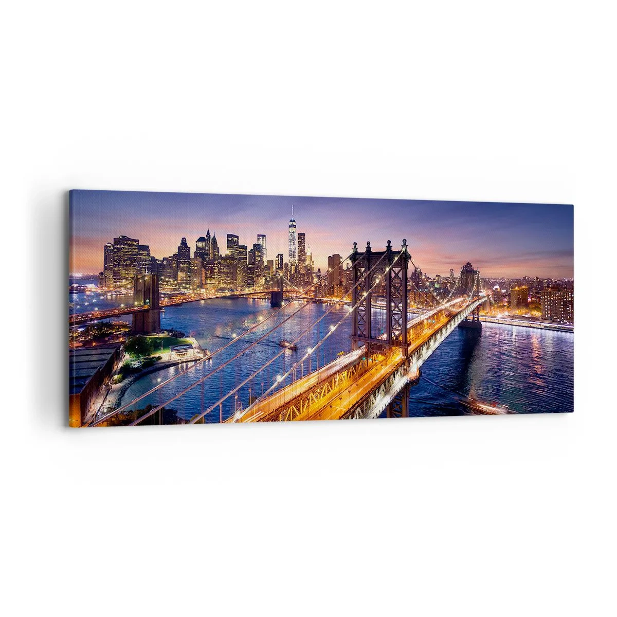 Impression sur toile - Image sur toile - Le pont et le panorama de la ville au coucher du soleil - 120x50cm - Un pont lumineux au cœur de la ville - Décoration murale moderne pour le salon et la chambre ARTTOR