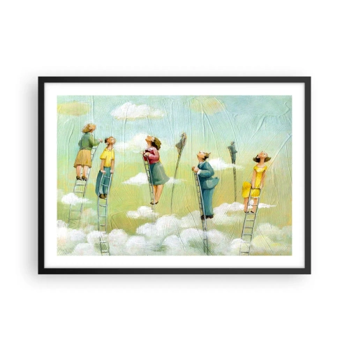Affiche dans un cadre noir - Poster - Personnages grimpant sur des échelles parmi des nuages sur un fond pastel. - 70x50cm - Derrière ton rêve - Décoration murale moderne pour le salon et la chambre ARTTOR