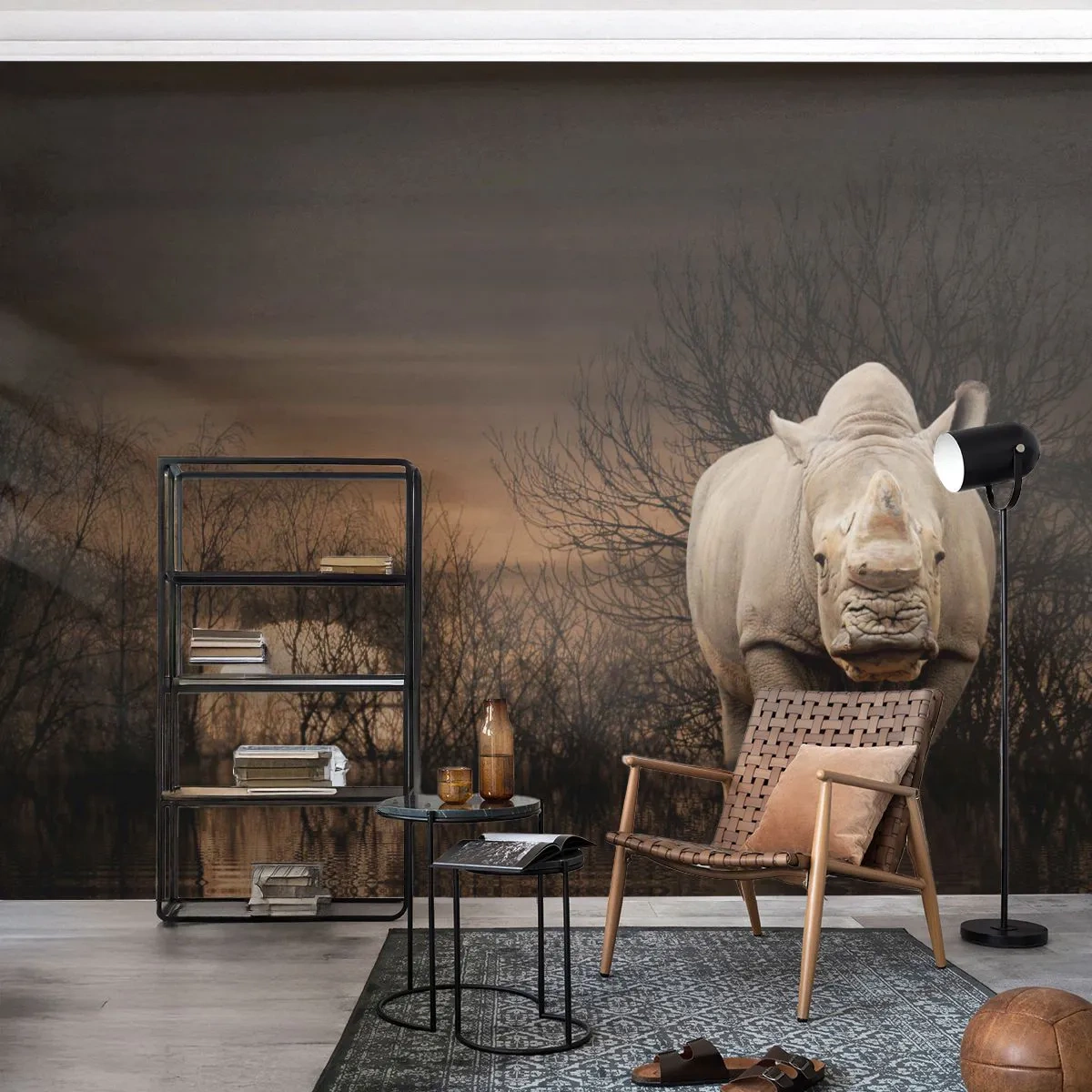 Papier Peint Photo Premium Sand - Rhinocéros dans la nature sauvage en sépia - 100x70cm - Blanc contre nature - Décoration murale moderne pour le salon et la chambre ARTTOR