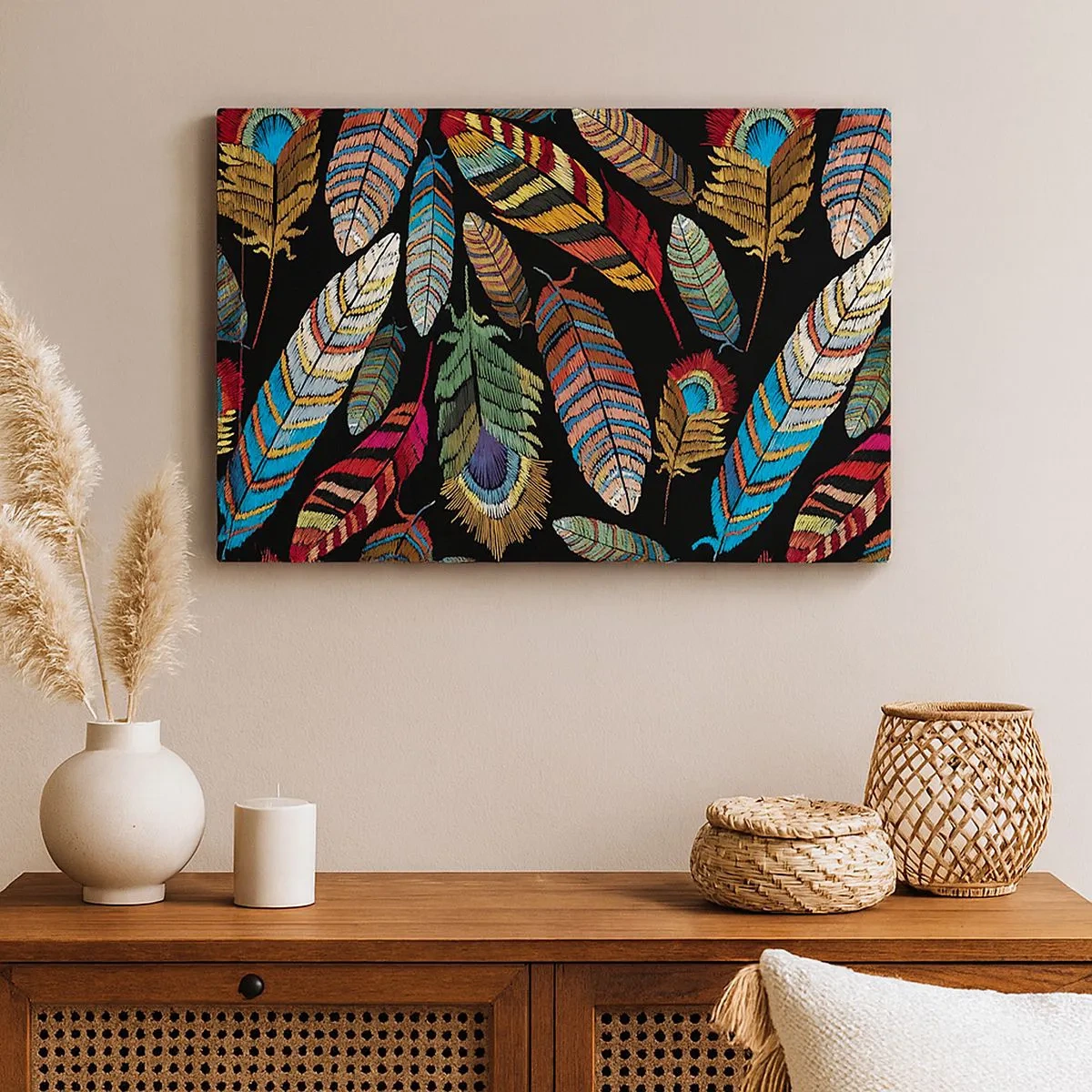 Impression sur toile - Image sur toile - Plumes colorées sur fond noir - 70x50cm - Le carnaval des oiseaux - Décoration murale moderne pour le salon et la chambre ARTTOR