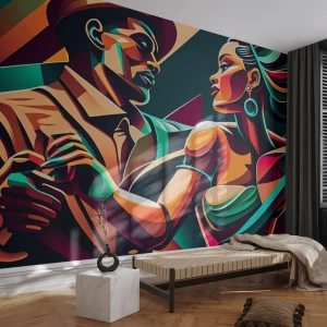 Papier Peint Photo Premium Canvas - Un couple stylisé dansant dans des couleurs vibrantes et géométriques. - 100x70cm - Au rythme du coeur - Décoration murale moderne pour le salon et la chambre ARTTOR