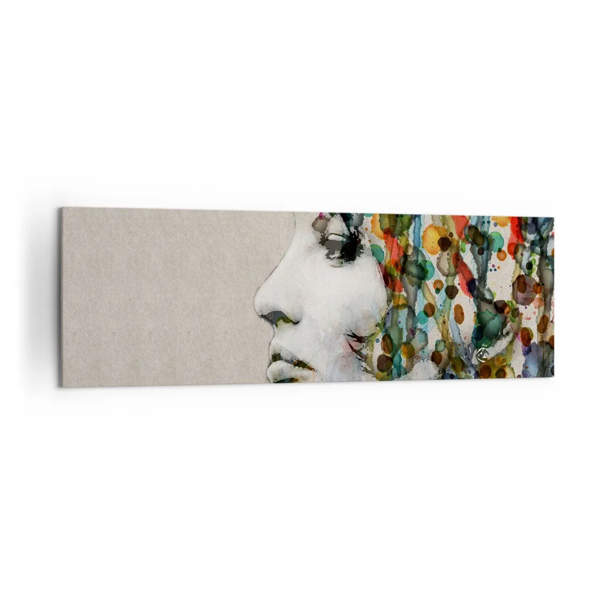 Impression sur toile - Image sur toile - Profil d'une femme aux couleurs aquarelles avec un fond abstrait - 160x50cm - Elle est sortie de la grisaille - Décoration murale moderne pour le salon et la chambre ARTTOR