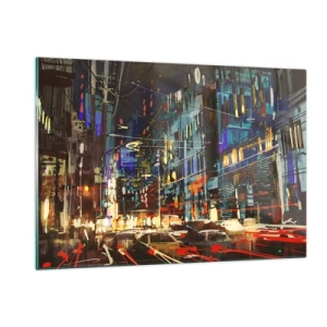 Impression sur verre - Image sur verre - Rue de la ville le soir avec des néons et de la circulation - 120x80cm - L'agitation de la rue en soirée - Décoration murale moderne pour le salon et la chambre ARTTOR
