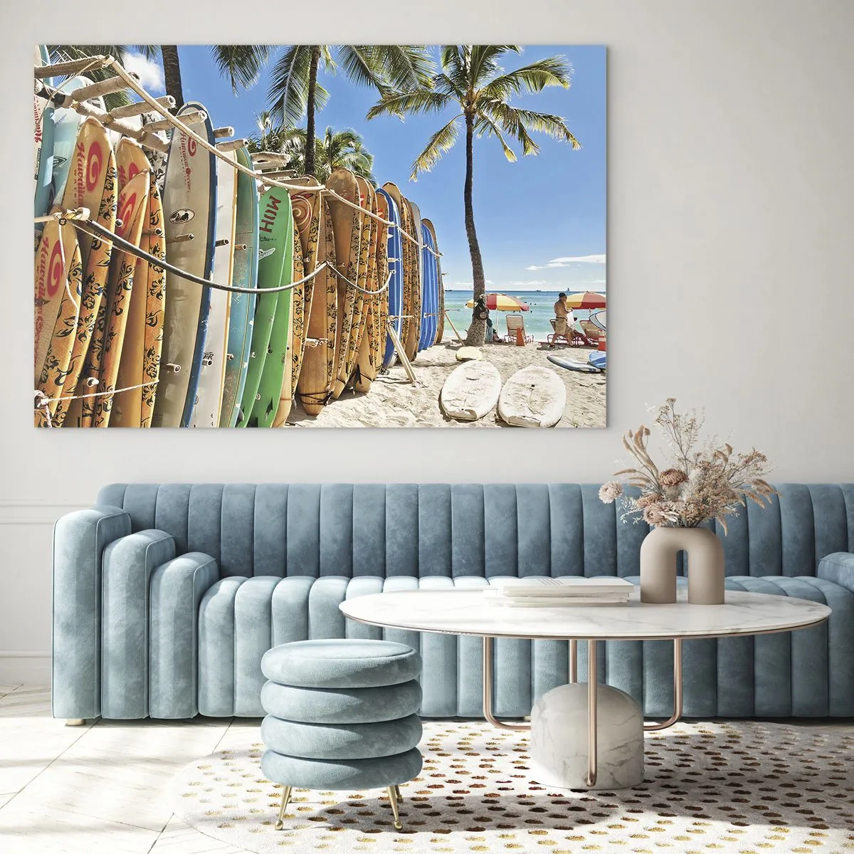 Impression sur verre - Image sur verre - Planches de surf colorées sur une plage tropicale - 70x50cm - Jeux ensoleillés - Décoration murale moderne pour le salon et la chambre ARTTOR