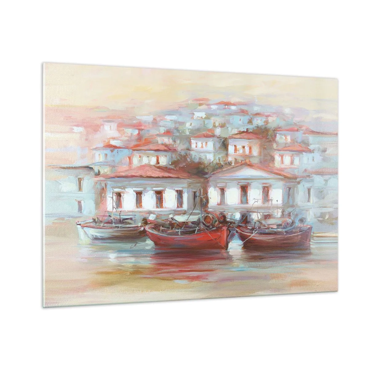 Impression sur verre - Image sur verre - Une ville pittoresque avec des bateaux dans le port au coucher du soleil - 100x70cm - Petite ville heureuse - Décoration murale moderne pour le salon et la chambre ARTTOR