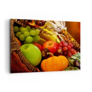 Impression sur toile - Image sur toile - Un panier de fruits, de citrouilles et de maïs sur fond de couleurs d'automne. - 100x70cm - Panier de récolte - Décoration murale moderne pour le salon et la chambre ARTTOR