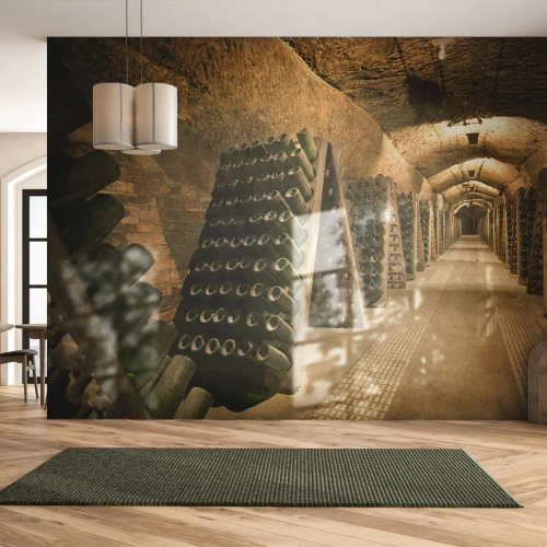 Papier Peint Photo Premium Sand - L'éveil du goût - La gastronomie, Une bouteille de vin, Cave à vin - 350x256 cm