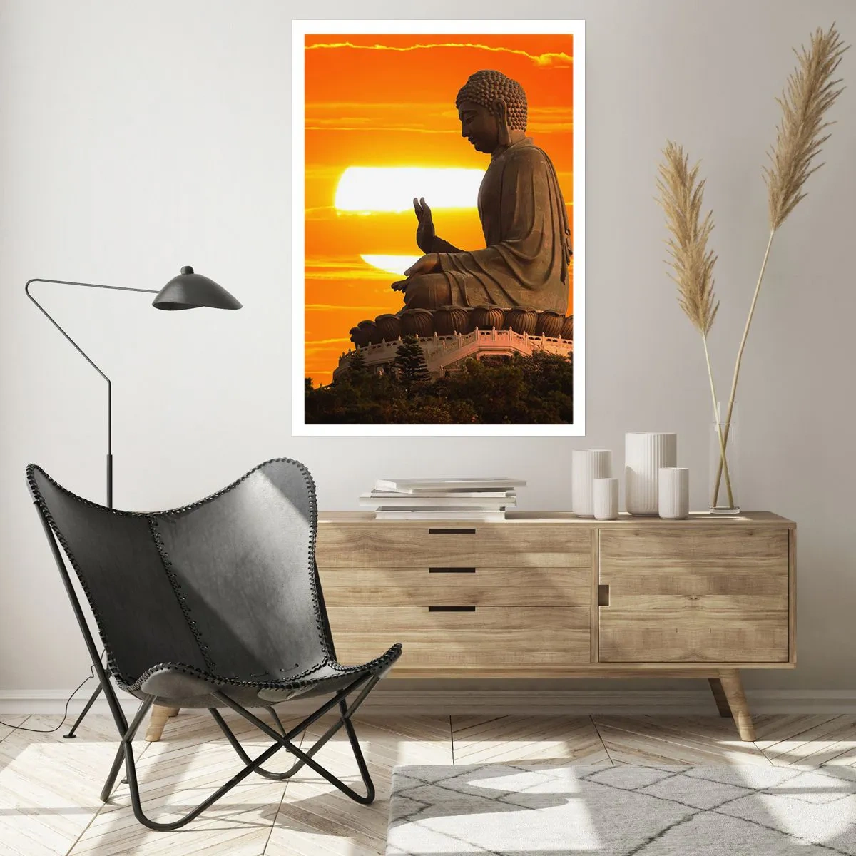 Affiche - Poster - Une statue de Bouddha contre un ciel orange - 50x70cm - Aucune peur du monde - Décoration murale moderne pour le salon et la chambre ARTTOR