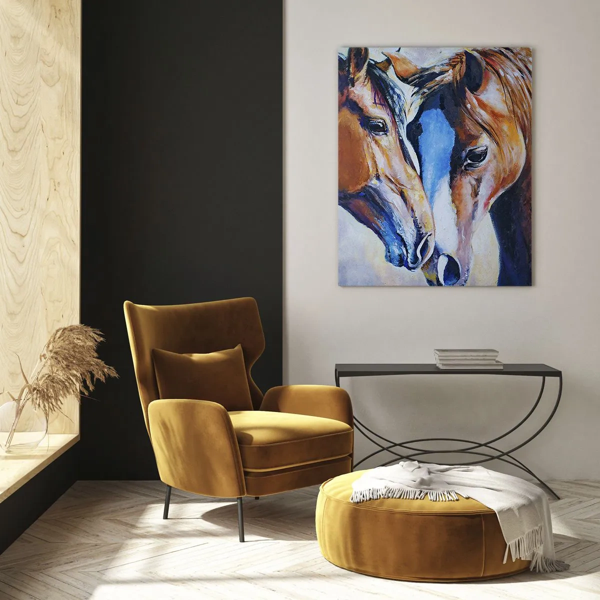 Impression sur verre - Image sur verre - Deux chevaux dans un geste tendre de proximité - 50x70cm - Est-ce de l'amitié ? Ou de l'amour ? - Décoration murale moderne pour le salon et la chambre ARTTOR