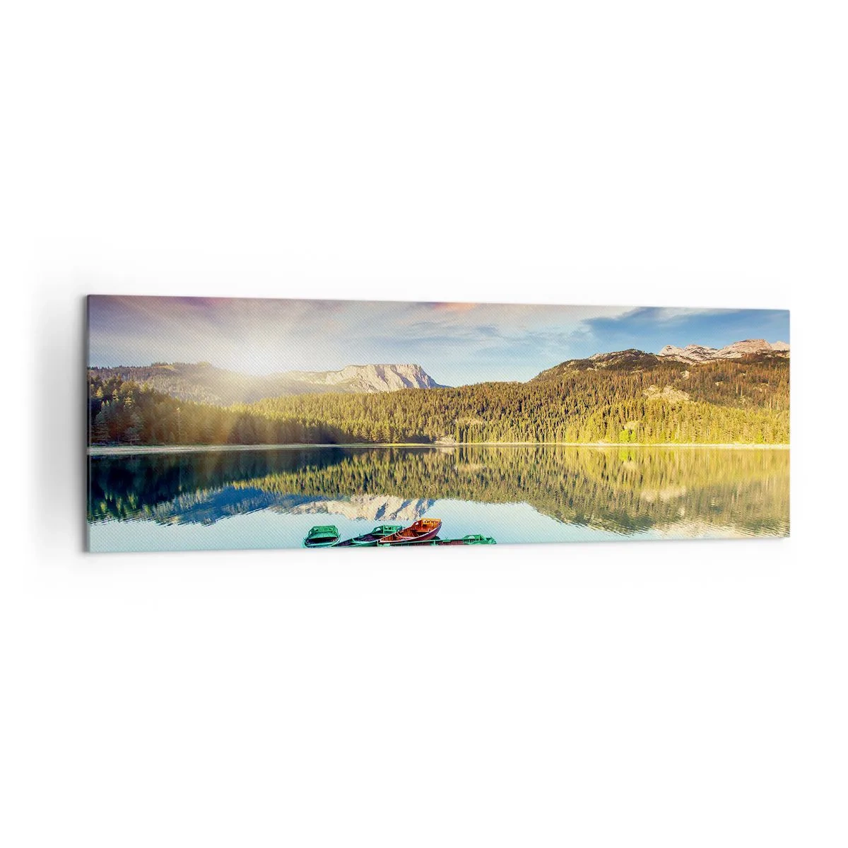 Impression sur toile - Image sur toile - Coucher de soleil sur le lac avec des bateaux à l'embarcadère - 160x50cm - Aussi lisse qu'un miroir au-dessus de l'eau - Décoration murale moderne pour le salon et la chambre ARTTOR
