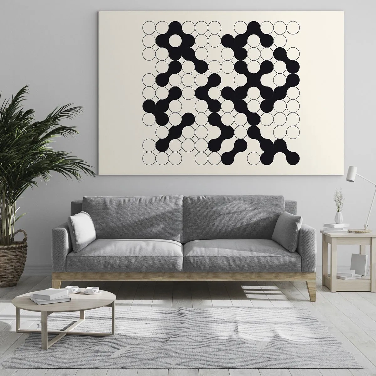 Impression sur verre - Image sur verre - Une mosaïque graphique en noir et blanc composée de points connectés. - 100x70cm - Jeu chinois – variation - Décoration murale moderne pour le salon et la chambre ARTTOR
