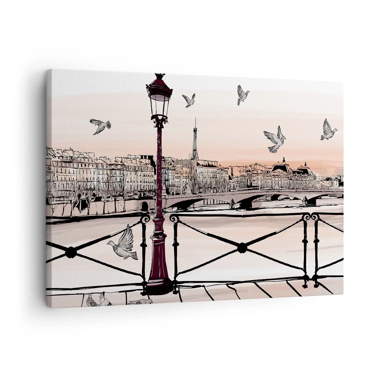 Impression sur toile - Image sur toile - Vue parisienne avec une lanterne et un pont - 70x50cm - Sur les toits de Paris - Décoration murale moderne pour le salon et la chambre ARTTOR
