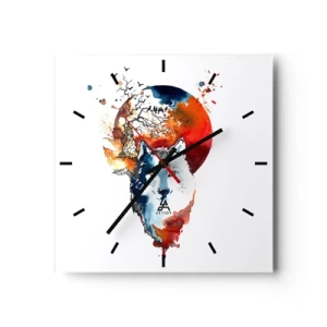 Horloge murale - Pendule murale - Aquarelle abstraite d'un loup sur fond de lune rouge - 30x30cm - Nez à nez avec la nuit - Décoration murale moderne pour le salon et la chambre ARTTOR