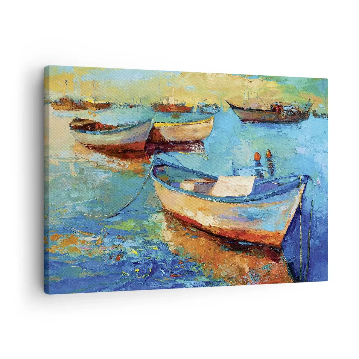 Impression sur toile - Image sur toile - Bateaux colorés amarrés sur une eau calme - 70x50cm - Dans la baie du sud - Décoration murale moderne pour le salon et la chambre ARTTOR