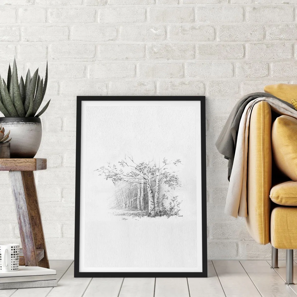 Affiche dans un cadre noir - Poster - Un croquis d'une forêt de bouleaux dans des tons subtils de noir et blanc. - 50x70cm - Lumière d'une forêt de bouleaux - Décoration murale moderne pour le salon et la chambre ARTTOR