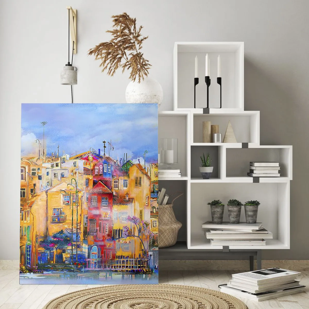 Impression sur verre - Image sur verre - Bâtiments urbains colorés dans un style artistique - 70x100cm - Nous sommes ensemble - Décoration murale moderne pour le salon et la chambre ARTTOR