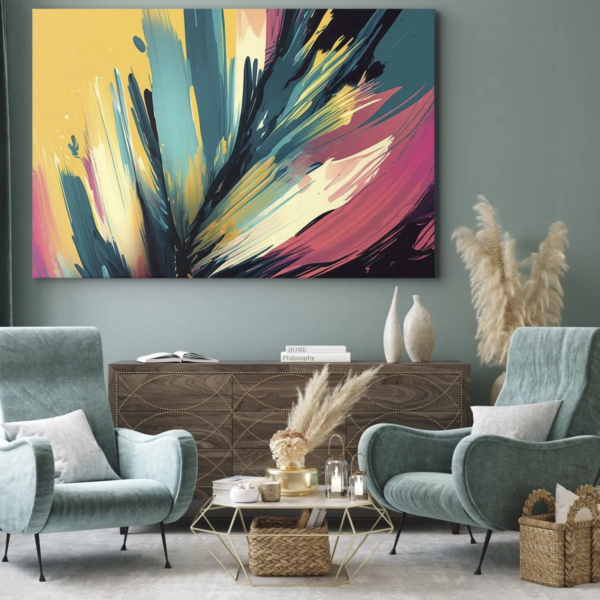 Impression sur toile - Image sur toile - Une composition abstraite aux couleurs intenses et contrastées. - 100x70cm - Composition – une explosion de joie - Décoration murale moderne pour le salon et la chambre ARTTOR