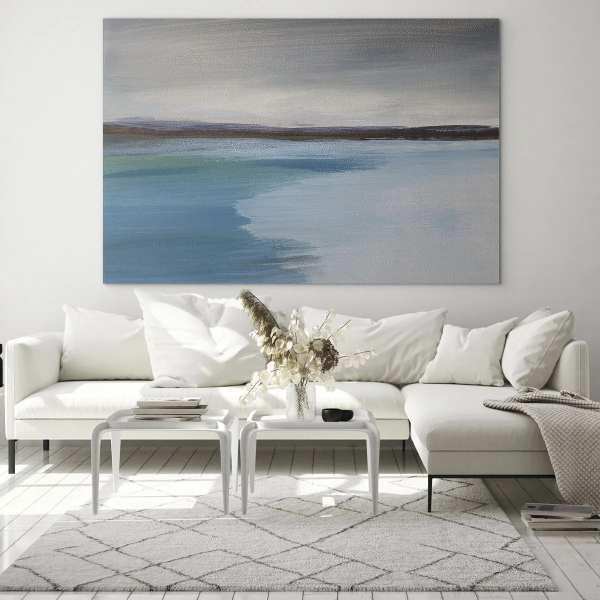 Impression sur verre - Image sur verre - Un paysage tranquille avec de l'eau et des collines lointaines aux tons pastel. - 100x70cm - Paysage horizontal - Décoration murale moderne pour le salon et la chambre ARTTOR