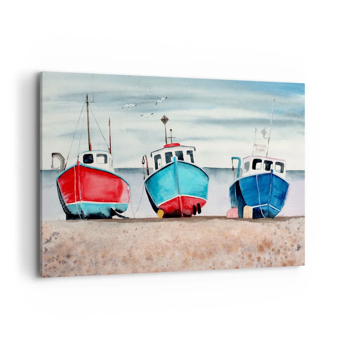 Impression sur toile - Image sur toile - Bateaux de pêche colorés sur le rivage dans un paysage marin - 120x80cm - Prêt pour la pêche - Décoration murale moderne pour le salon et la chambre ARTTOR