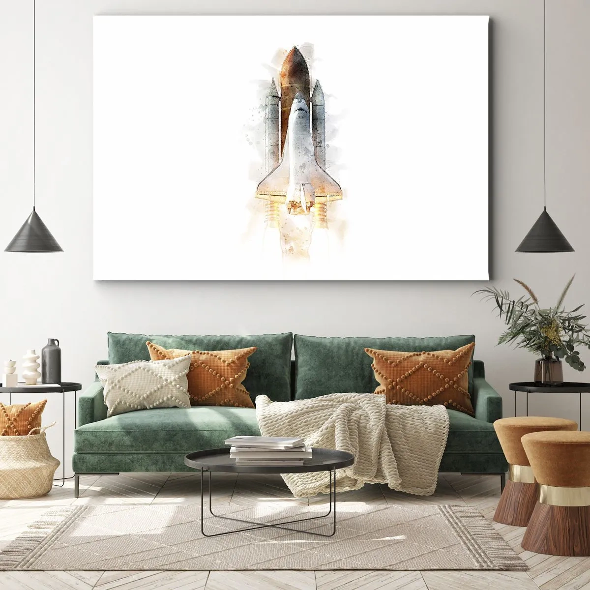 Impression sur toile - Image sur toile - Une interprétation artistique à l'aquarelle d'une navette spatiale au décollage - 120x80cm - Des explorateurs pour commencer - Décoration murale moderne pour le salon et la chambre ARTTOR