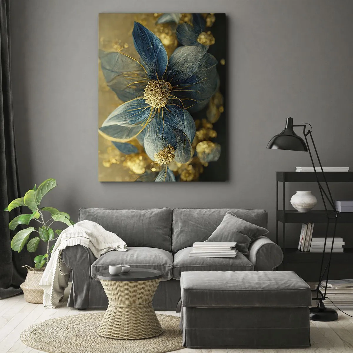Impression sur toile - Image sur toile - Fleurs élégantes dans des tons de bleu et d'or - 70x100cm - Fleurir avec de l'or - Décoration murale moderne pour le salon et la chambre ARTTOR