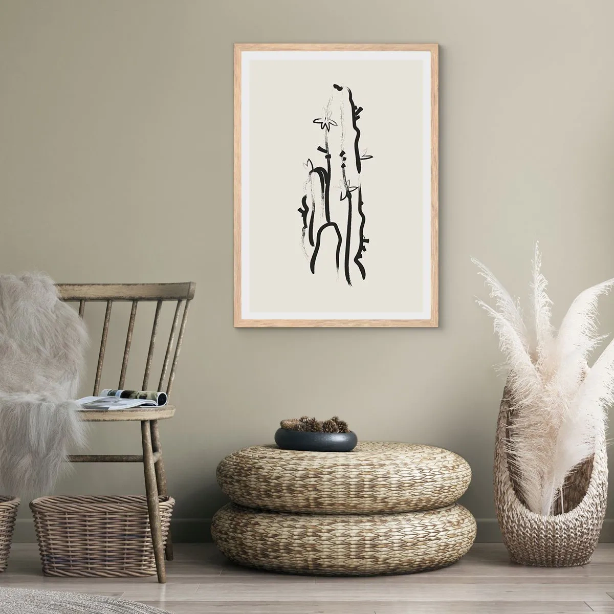 Affiche dans un chêne clair - Poster - Herbe à fleurs - 50x70 cm