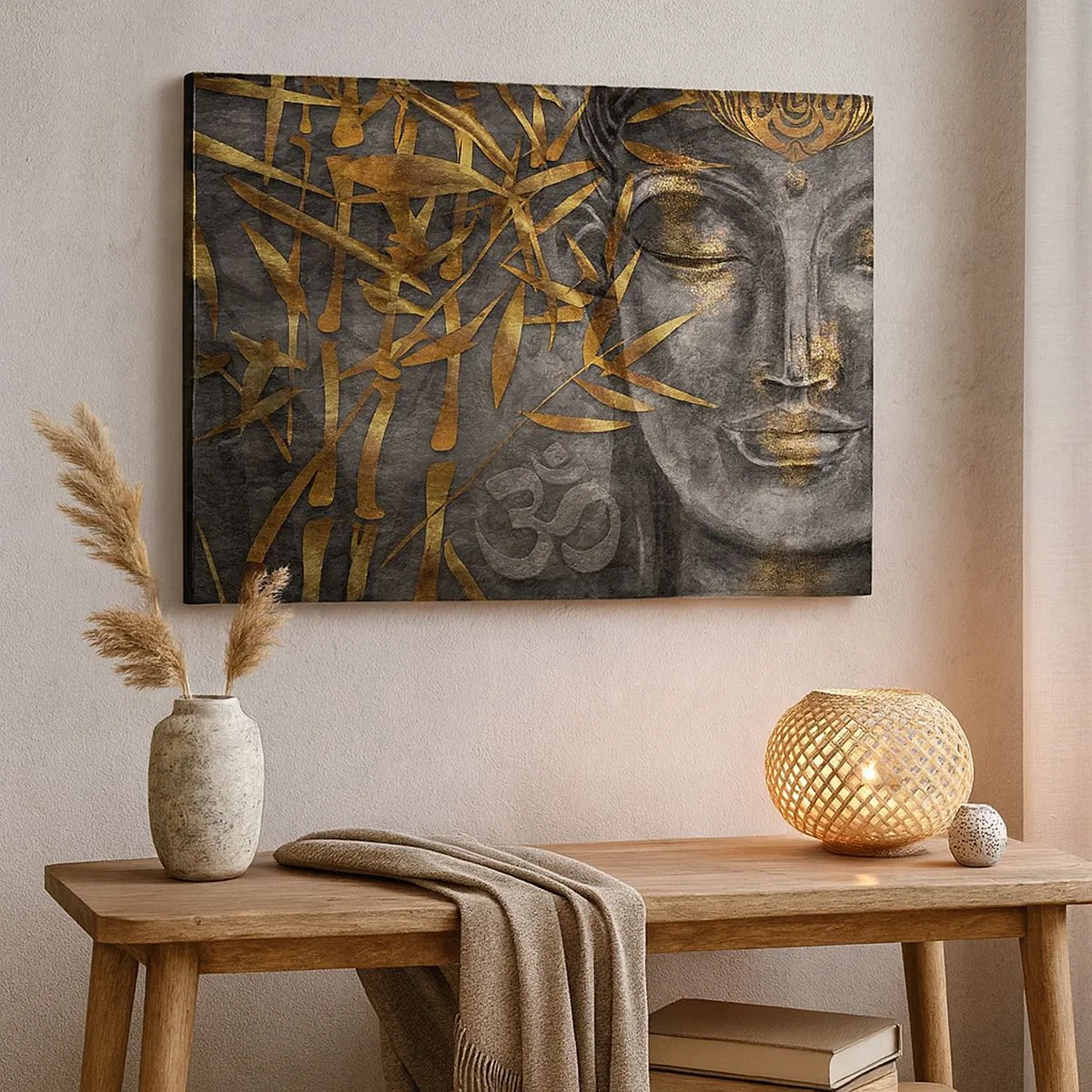 Impression sur toile - Image sur toile - Image de Bouddha zen avec des bambous dorés - 70x50cm - Ressentir le calme - Décoration murale moderne pour le salon et la chambre ARTTOR