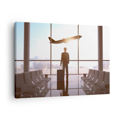 Impression sur toile - Image sur toile - Homme d'affaires à l'aéroport avec un avion en arrière-plan - 70x50cm - Vous avez le temps, ralentissez - Décoration murale moderne pour le salon et la chambre ARTTOR