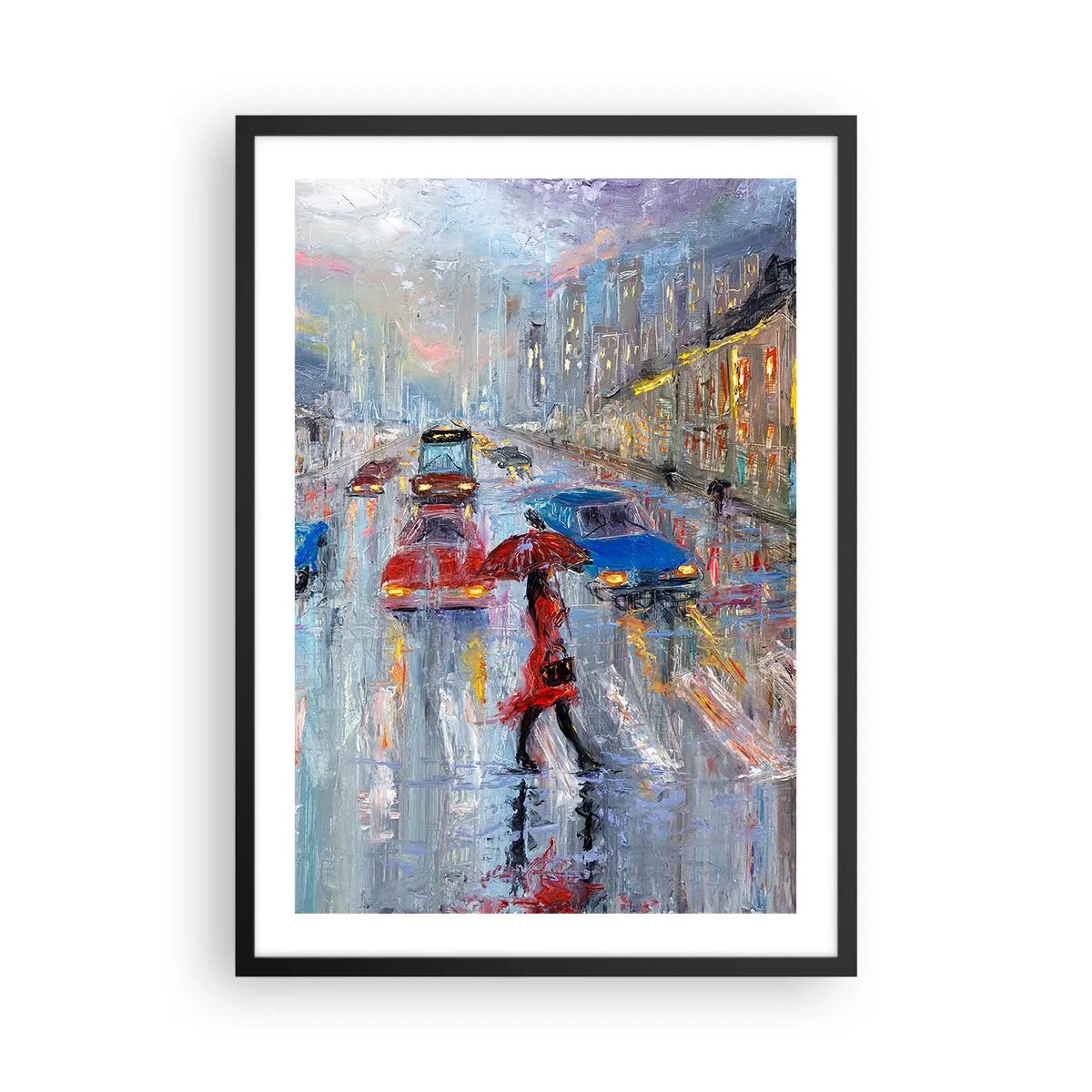 Affiche dans un cadre noir - Poster - Paysage urbain impressionniste sous la pluie - 50x70cm - Après-midi pluvieux en ville - Décoration murale moderne pour le salon et la chambre ARTTOR