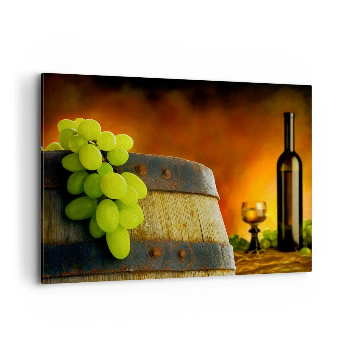 Impression sur toile - Image sur toile - Raisins sur un tonneau de vin avec une palette de couleurs chaudes en arrière-plan - 100x70cm - Nature morte avec une bouteille de vin et une grappe de raisin - Décoration murale moderne pour le salon et la chambre