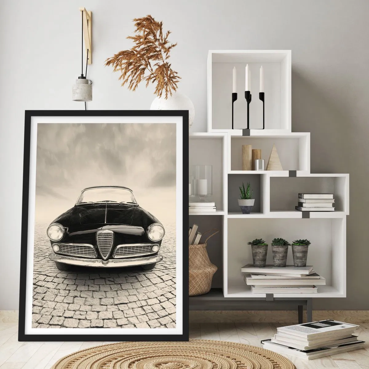 Affiche dans un cadre noir - Poster - L'avant d'une voiture classique dans une rue pavée - 50x70cm - Et alors! Tu ne m'aime pas? - Décoration murale moderne pour le salon et la chambre ARTTOR