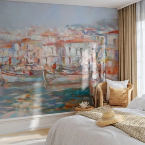 Papier Peint Photo Standard Eco - Un port aux couleurs pastel avec des bateaux et des bâtiments au bord de l'eau - 100x70cm - Vacances pastelles - Décoration murale moderne pour le salon et la chambre ARTTOR