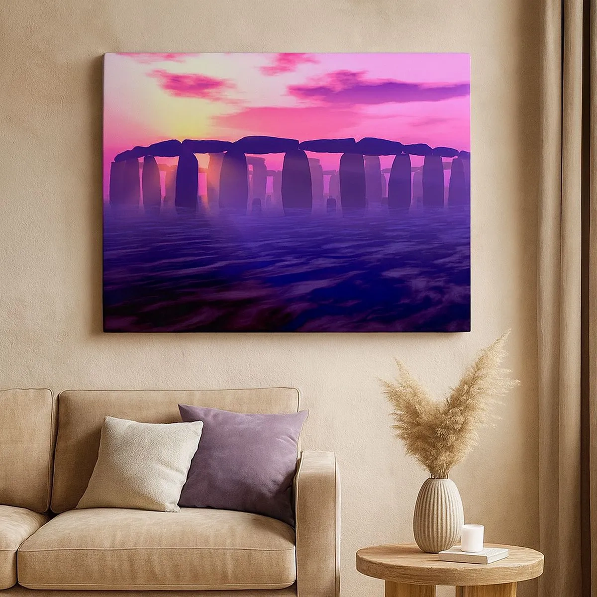 Impression sur toile - Image sur toile - Cercle de pierres au coucher du soleil avec un ciel violet - 70x50cm - Mystère à l'aube dans le brouillard - Décoration murale moderne pour le salon et la chambre ARTTOR