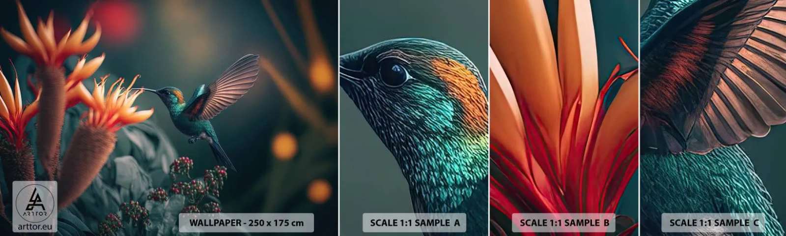 Échantillon De Papier Peint Standard Eco - une vie vraiment colorée - Oiseau, Exotique, Fleur - 100x30 cm