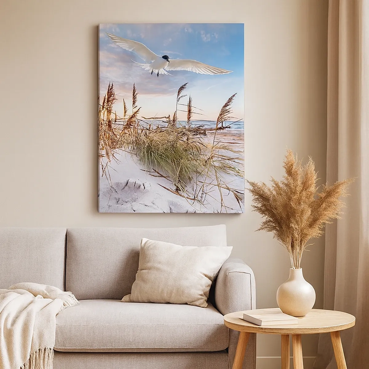 Impression sur toile - Image sur toile - Plage avec des mouettes volant au coucher du soleil - 50x70cm - Vent de mer - Décoration murale moderne pour le salon et la chambre ARTTOR
