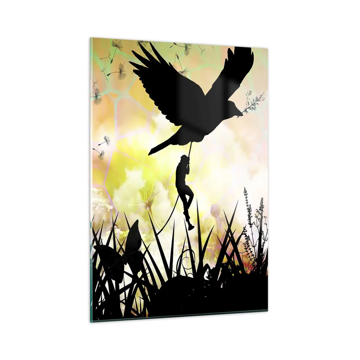 Impression sur verre - Image sur verre - Illustration d'une figure grimpant sur un oiseau sur un fond de fleurs colorées. - 50x70cm - Dans une ambiance de conte de fées - Décoration murale moderne pour le salon et la chambre ARTTOR