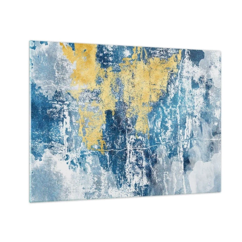 Impression sur verre - Image sur verre - Abstraction bleue et jaune avec un effet vieilli et texturé - 70x50cm - Abstraction du temps - Décoration murale moderne pour le salon et la chambre ARTTOR