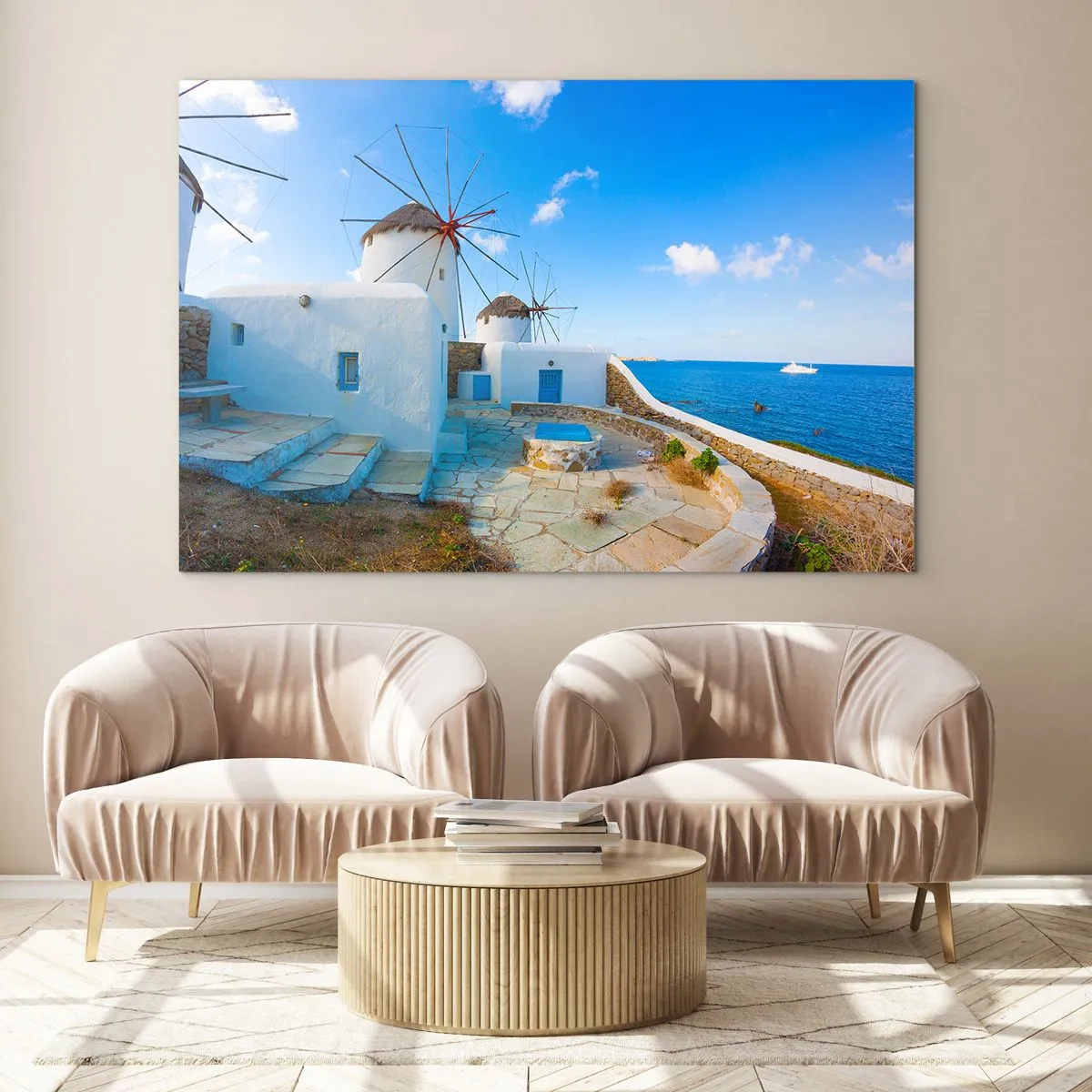Impression sur verre - Image sur verre - Moulins à vent sur la côte égéenne - 100x70cm - Le vent bleu de la mer - Décoration murale moderne pour le salon et la chambre ARTTOR