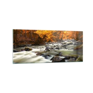 Impression sur verre - Image sur verre - Un ruisseau dans une forêt d'automne entouré de feuilles dorées - 120x50cm - Un ruisseau dans une forêt dorée - Décoration murale moderne pour le salon et la chambre ARTTOR