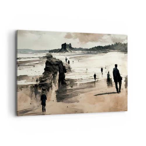 Impression sur toile - Image sur toile - Promeneurs sur la plage dans un paysage paisible - 120x80cm - Invoqué - Décoration murale moderne pour le salon et la chambre ARTTOR