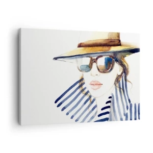Impression sur toile - Image sur toile - Portrait d'une femme portant un chapeau et des lunettes de soleil - 70x50cm - La Floride vous souhaite la bienvenue ! - Décoration murale moderne pour le salon et la chambre ARTTOR