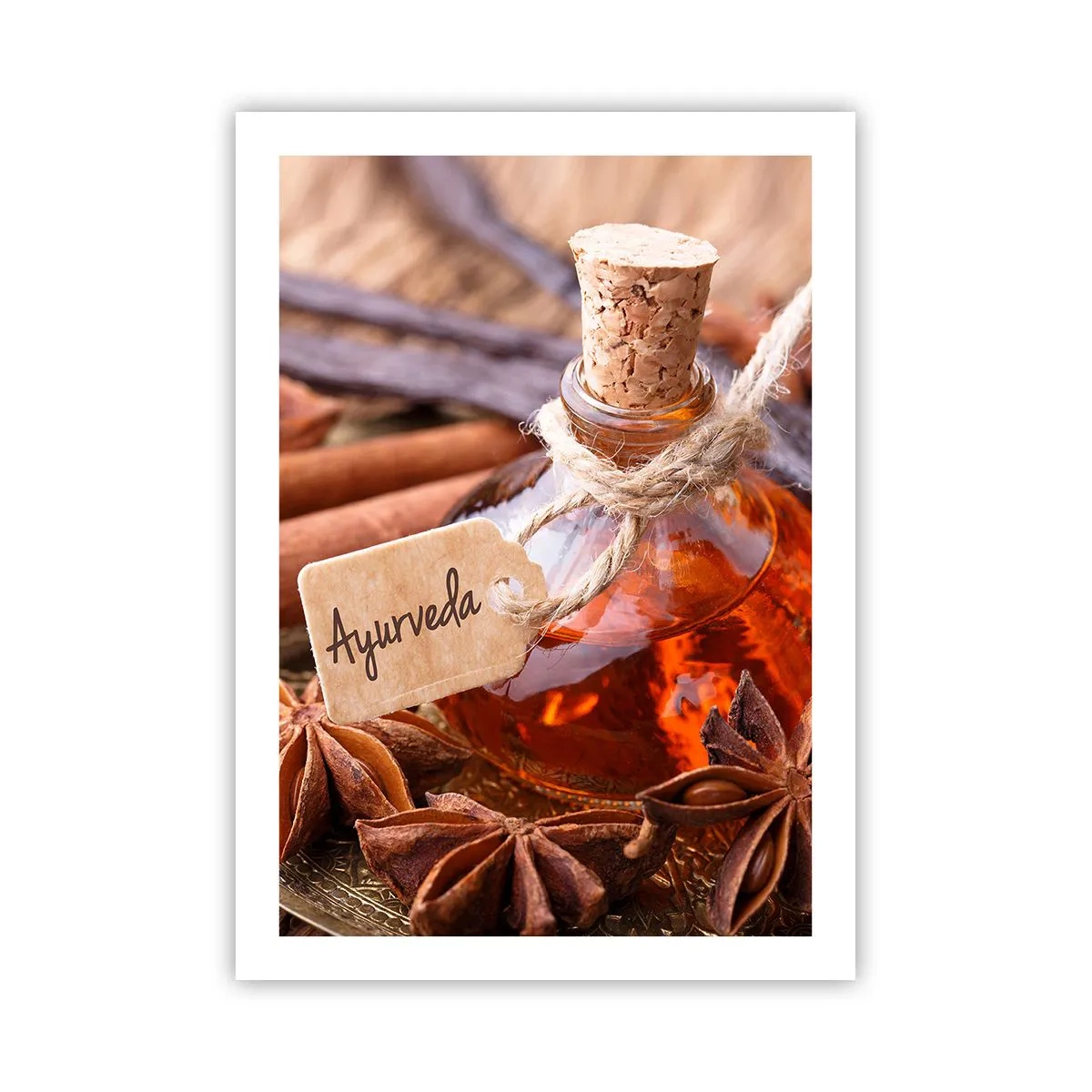 Affiche - Poster - Une bouteille d'huile ayurvédique et d'épices - 50x70cm - Vers l'unité du corps et de l'esprit - Décoration murale moderne pour le salon et la chambre ARTTOR