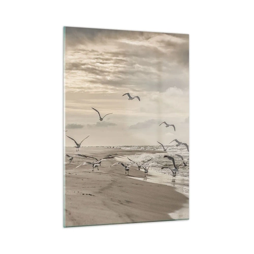 Impression sur verre - Image sur verre - Oiseaux sur le bord de mer à l'aube dans des tons sépia - 50x70cm - Le bruit de la mer, le chant des oiseaux - Décoration murale moderne pour le salon et la chambre ARTTOR
