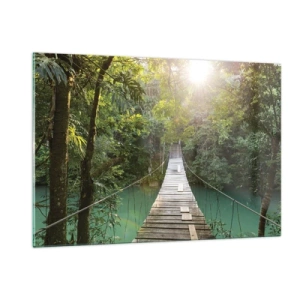 Impression sur verre - Image sur verre - Un pont suspendu dans une forêt tropicale illuminée par la lumière du soleil. - 120x80cm - De l'eau azur à la forêt azur - Décoration murale moderne pour le salon et la chambre ARTTOR