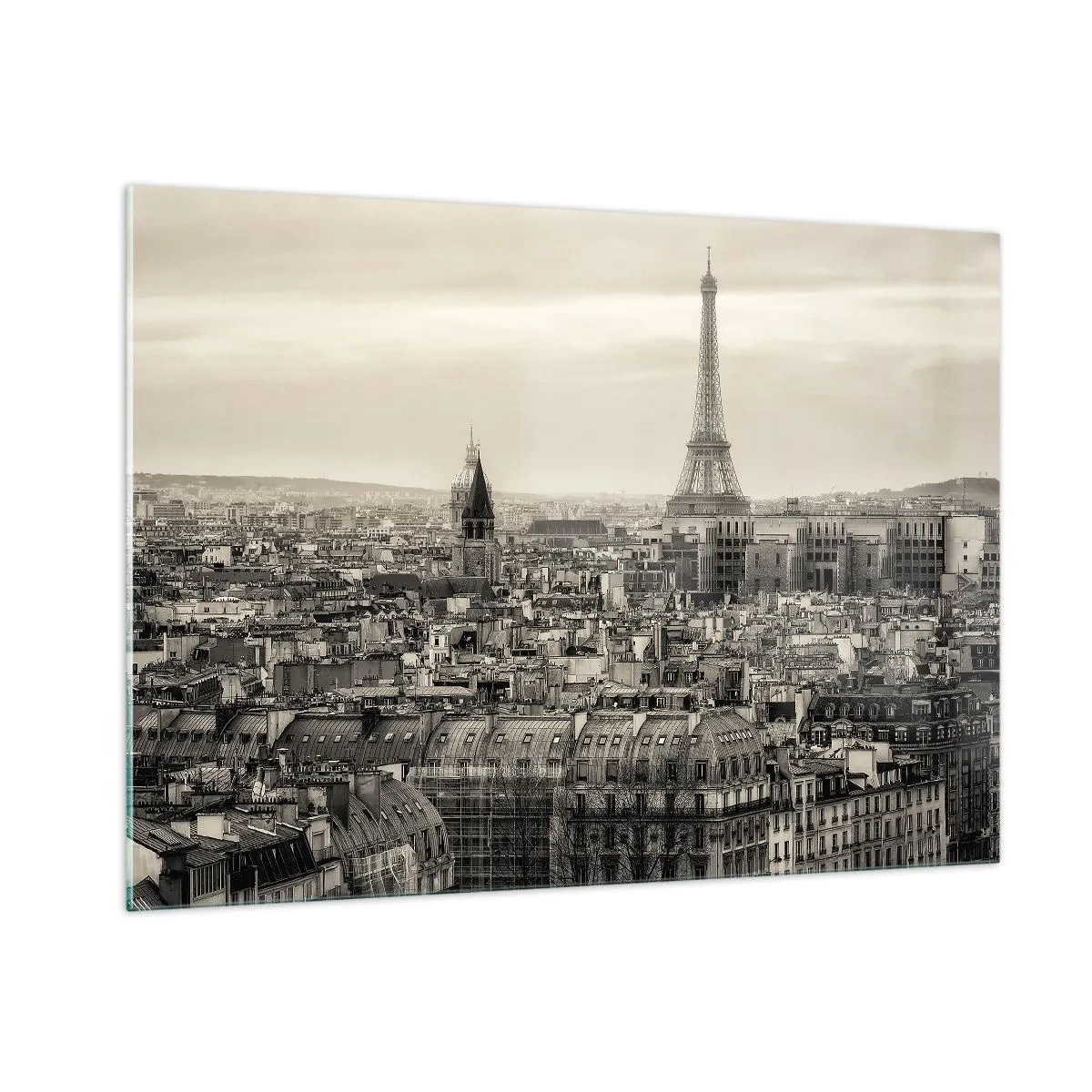 Impression sur verre - Image sur verre - Un panorama de Paris avec vue sur la Tour Eiffel dans des tons sépia - 100x70cm - Sur les toits de Paris - Décoration murale moderne pour le salon et la chambre ARTTOR
