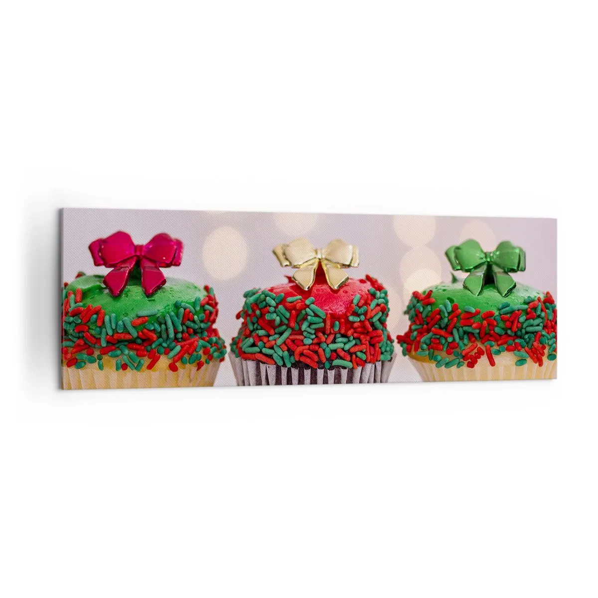 Impression sur toile - Image sur toile - Cupcakes de Noël avec des paillettes et des nœuds colorés - 160x50cm - Une sucrerie après la cocarde - Décoration murale moderne pour le salon et la chambre ARTTOR